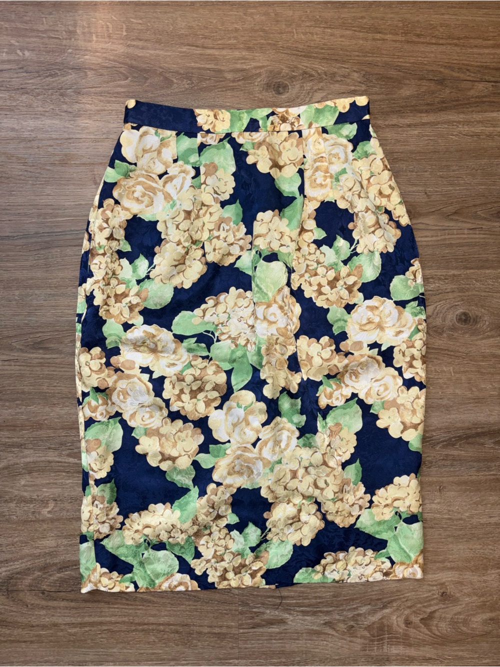 100% Silk Floral Navy & Yellow Pencil Skirt